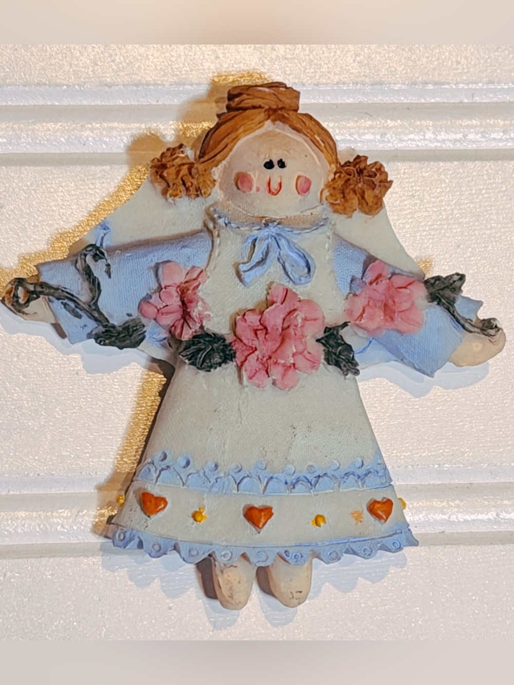 Vintage handcrafted folk-art angel magnet. Grannycore